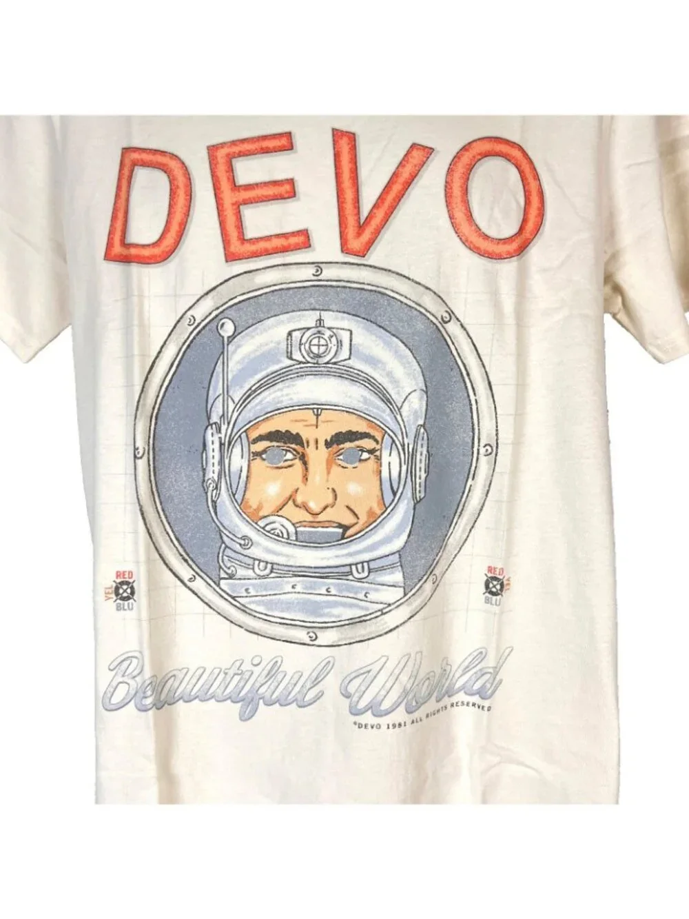 Devo 1981 Tour Retro Tribute Mens Lee T-Shirt size Small 41x27 Beautiful World